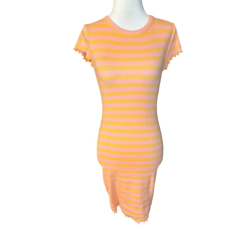 BP Orange Pink Striped Lettuce‎ Edge Ribbed Tee Mini Dress BP482113MI Small NEW